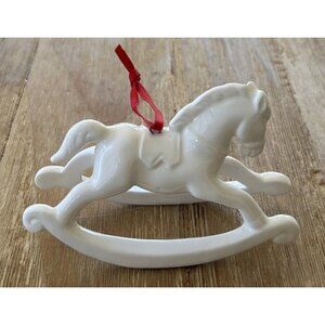 Vintage Dept 56 Bone White China Rocking Horse Christmas Ornament With Red Bow